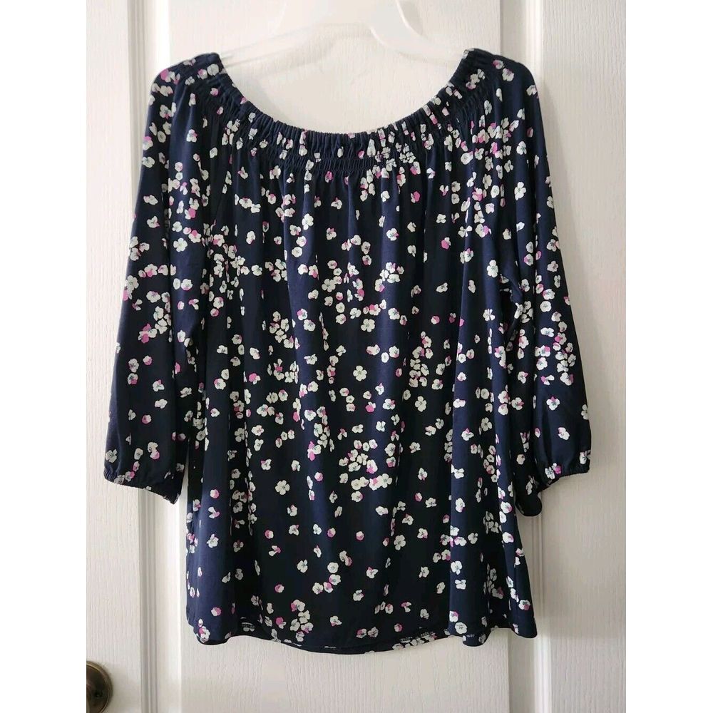 J. Jill Wearever Collection Women's Blouse Navy Floral‎ 3/4 Sleeve Top Size M - Picture 5 of 10